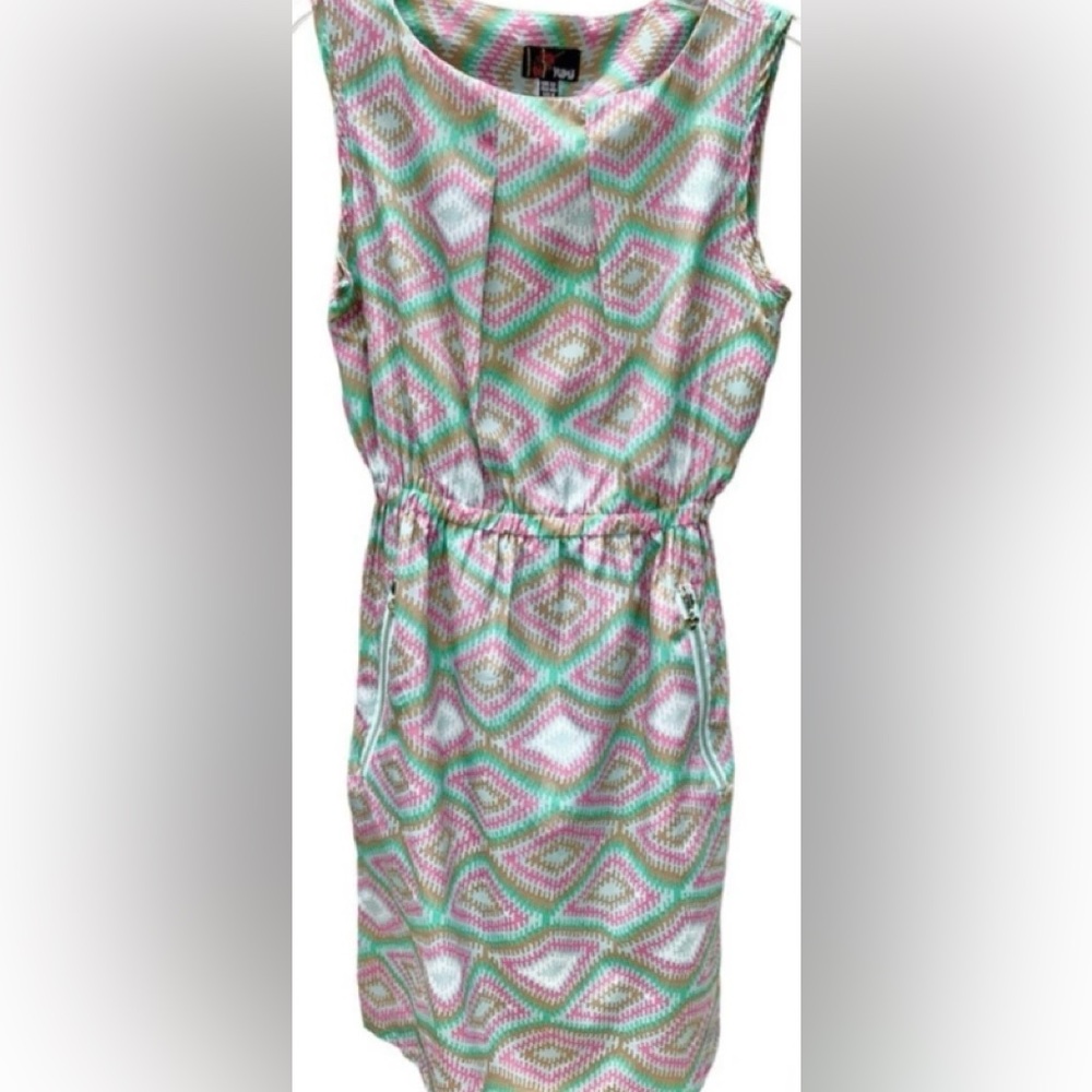 Anthropologie YUMI Pink Green Grey Geometric Pockets Dress Size 8 - Picture 3 of 7